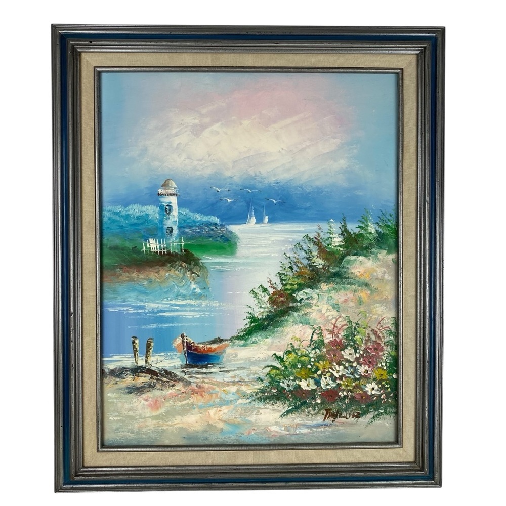 Vintage Oil on Canvas Painting Signed Taylor Seascape Lighthouse Boats Original